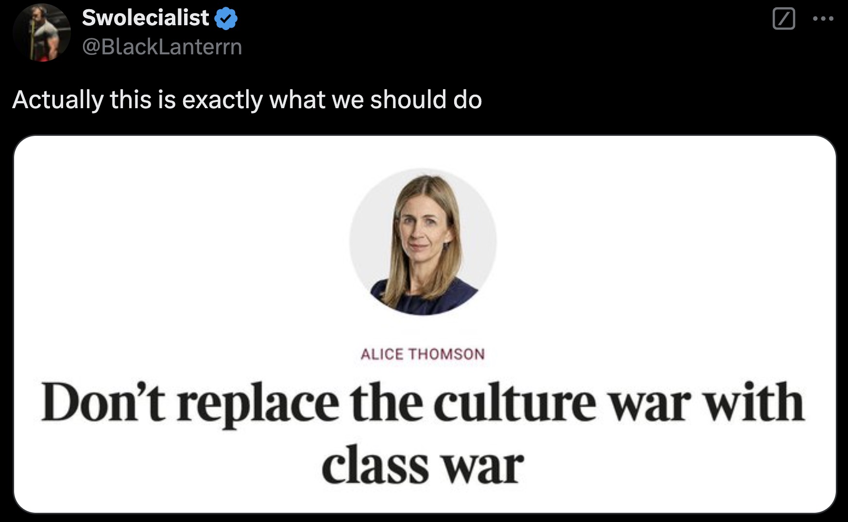 screenshot - Swolecialist Actually this is exactly what we should do Alice Thomson Don't replace the culture war with class war